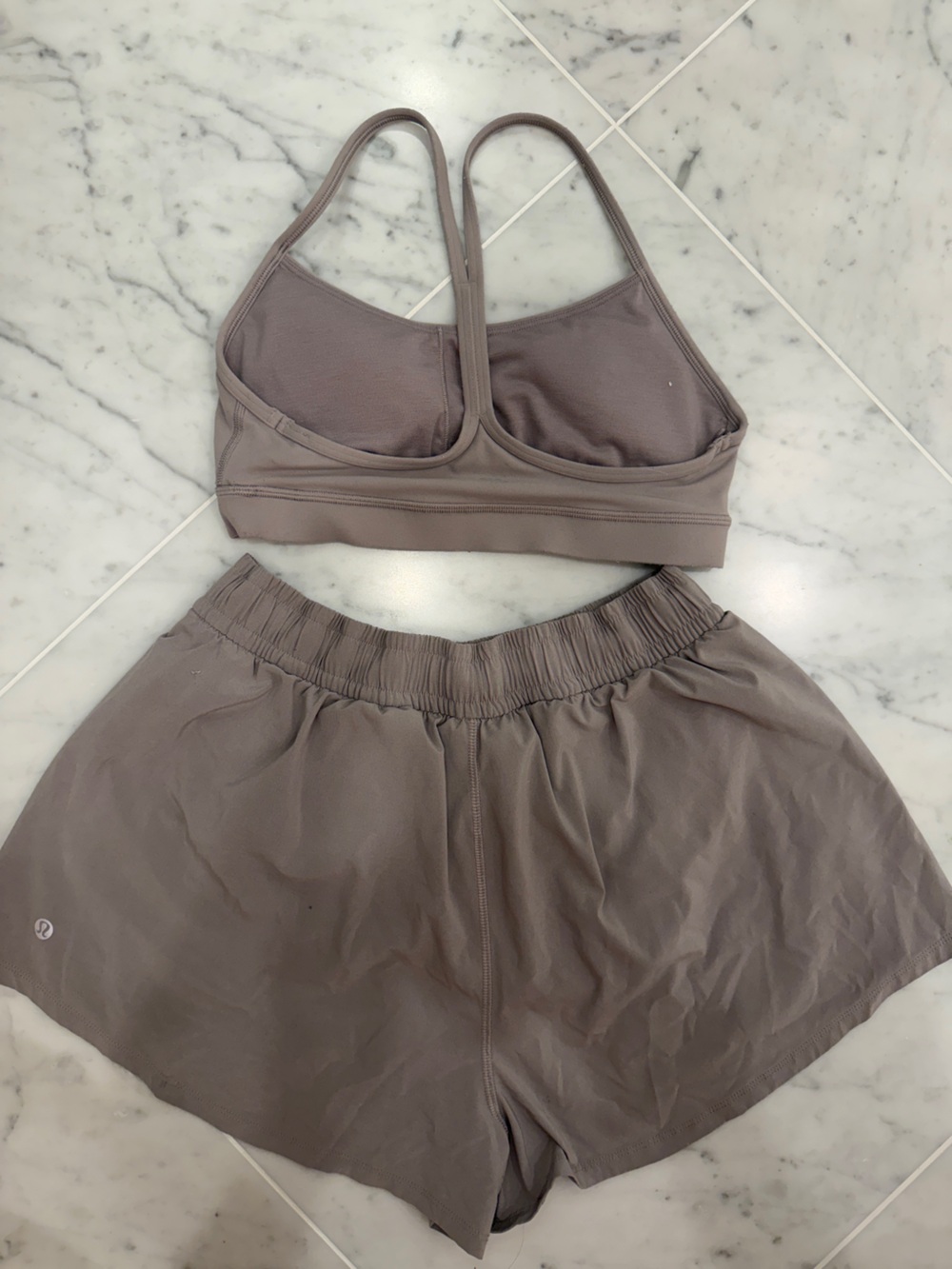Lululemon 3-Piece Set - Taupe Wrap Top, Sports Bra & Shorts - Picture 3 of 4